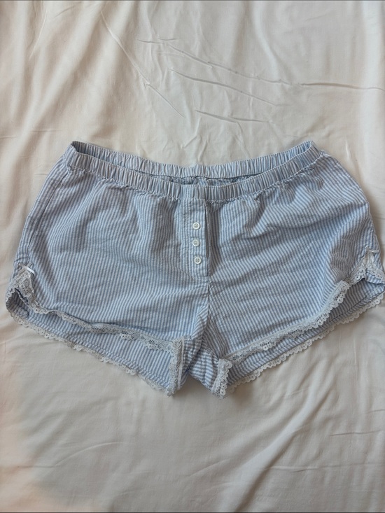 Brandy Melville Pants - Brandy Melville Light Blue & White Striped Lace-Trim Athletic Shorts